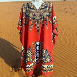 Sante Classics Swim Red Blue Small Bead Bohemian Kaftan Beachwear Swimsuit Cover
